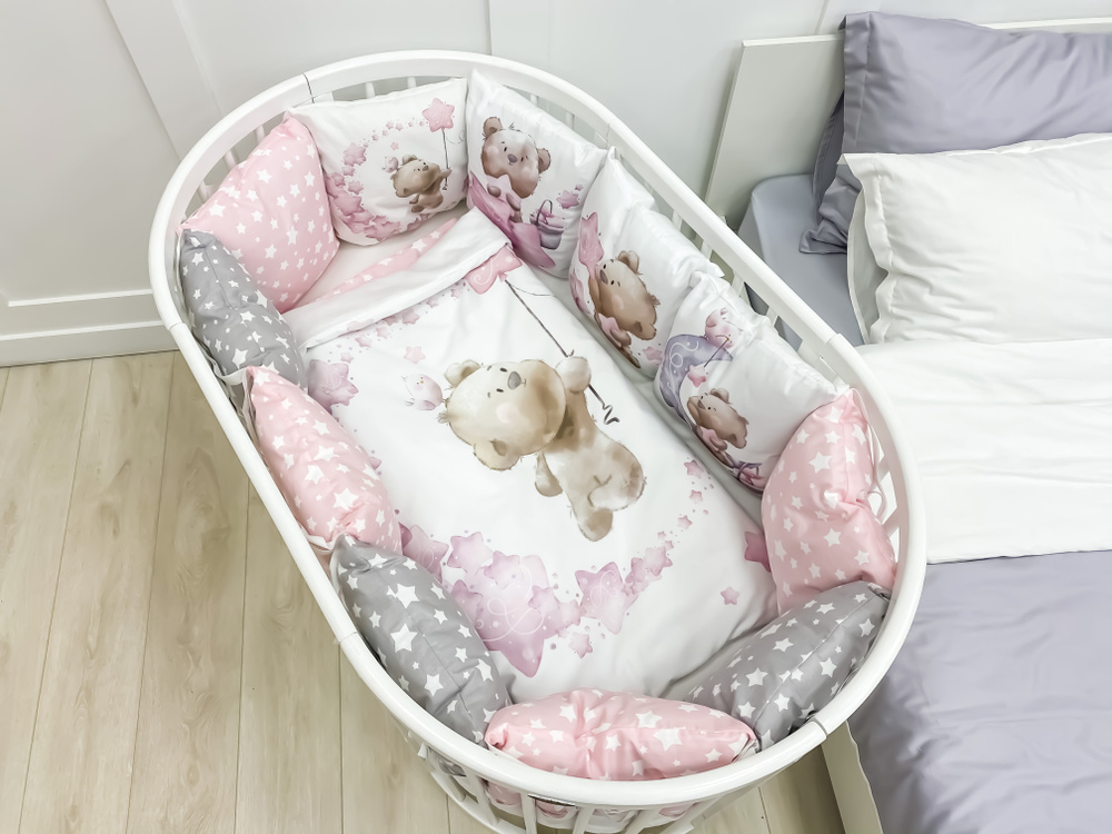 Комплект бортиков в детскую кроватку для новорожденных и малышей с постельным бельем "Мишкины сны" Розовый #1