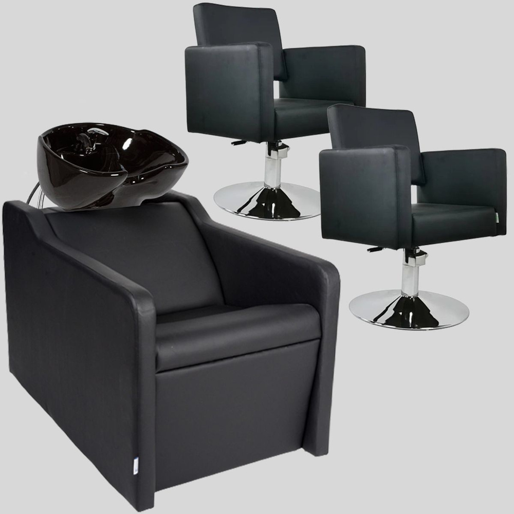 Парикмахерский комплект "Groy", Черный, 2 кресла гидравлика диск, 1 мойка глубокая черная раковина  #1