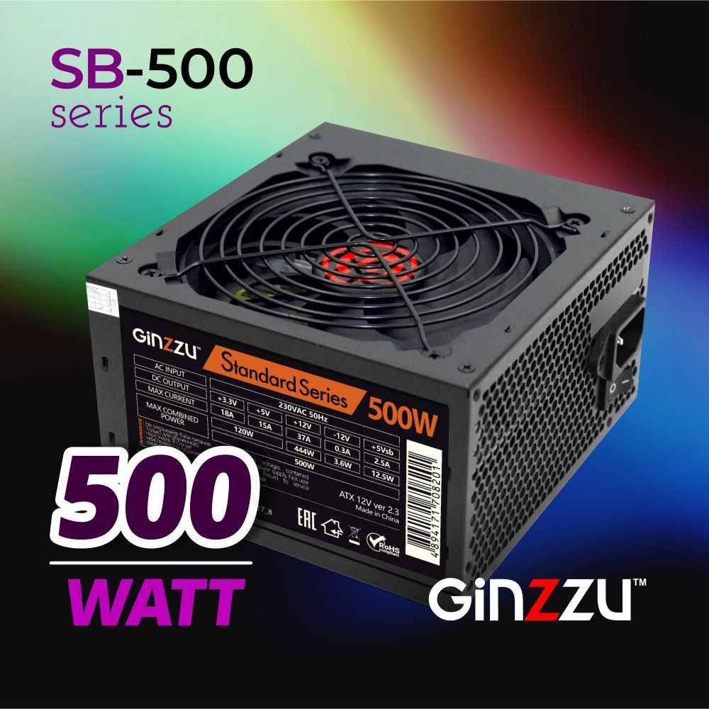 Блок питания Ginzzu SB500 ATX, 12cm fan, 20+4pin +4Pin, 3*SATA, 3*IDE Черный #1