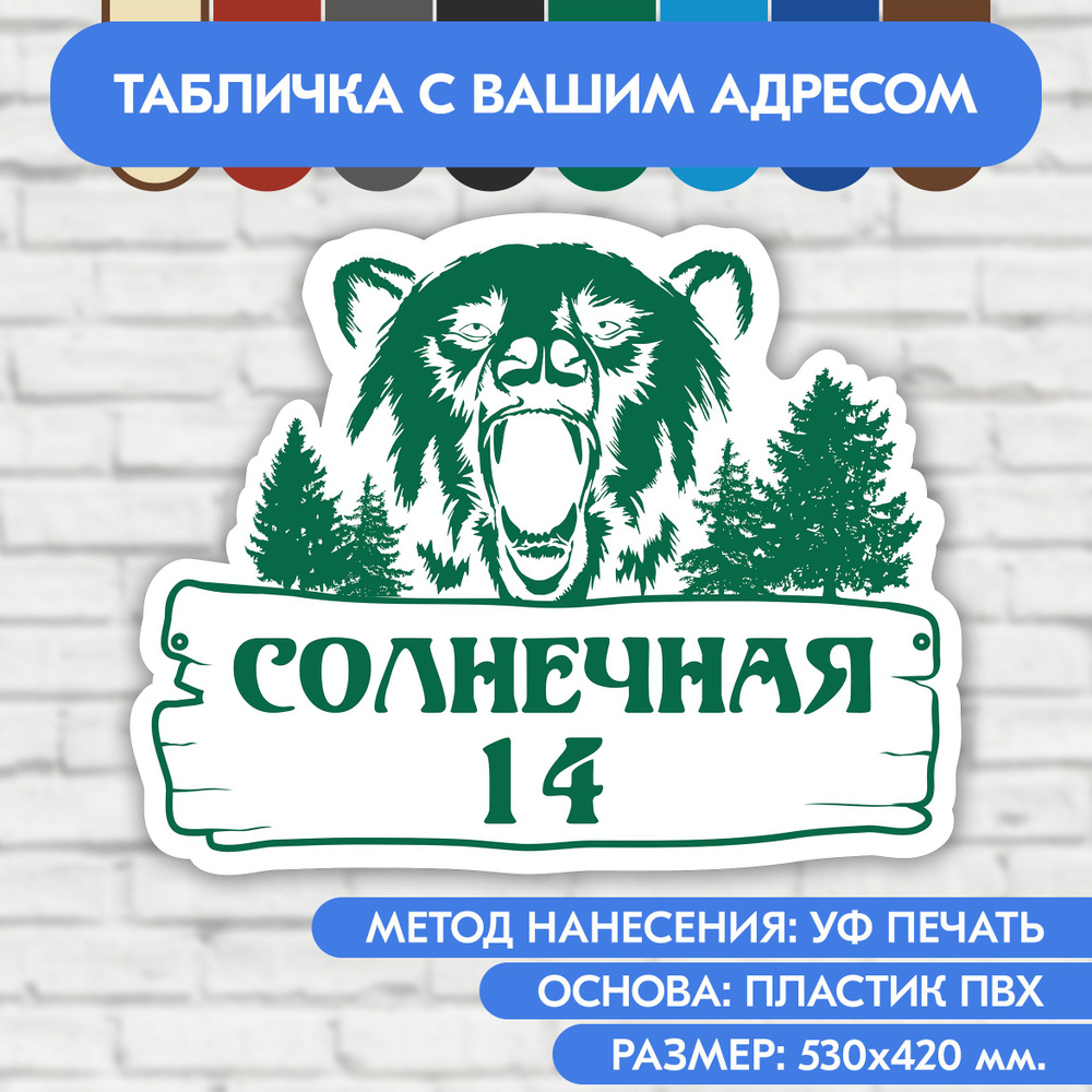 Адресная табличка на дом 530х420 мм. "Домовой знак Медведь", бело- зелёная, из пластика, УФ печать не #1