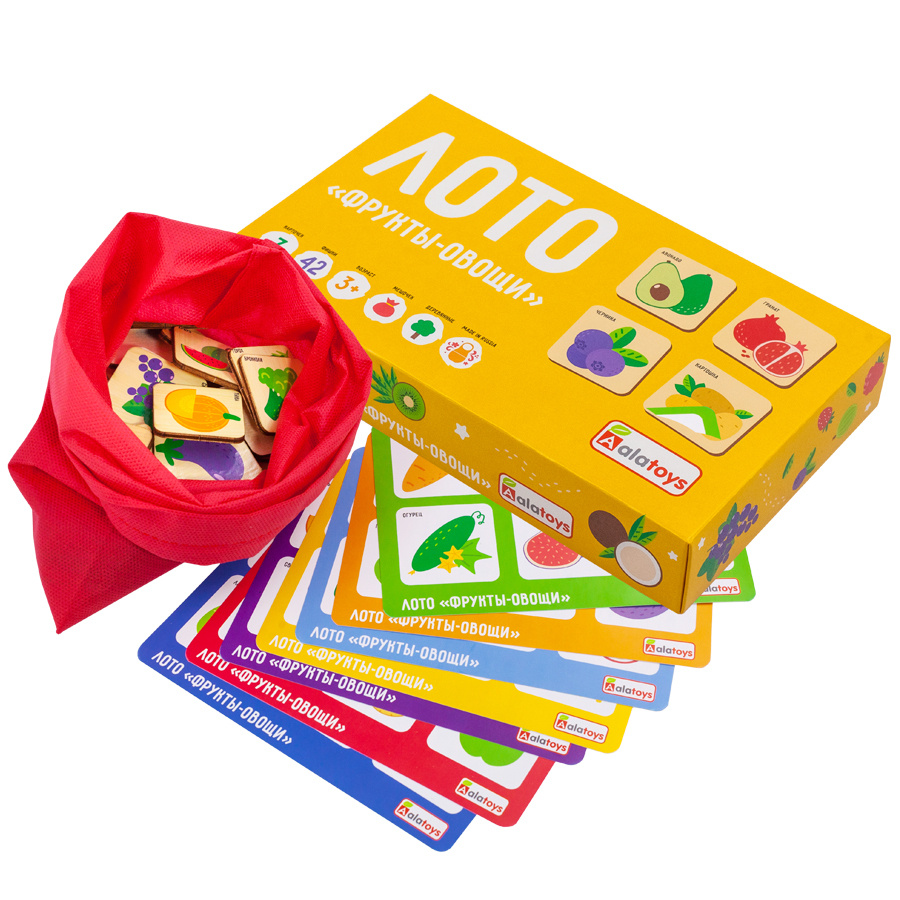 Лото детское деревянное для малышей "Фрукты-Овощи" Настольная игра для детей от 3 лет, 7 карточек и 42 #1