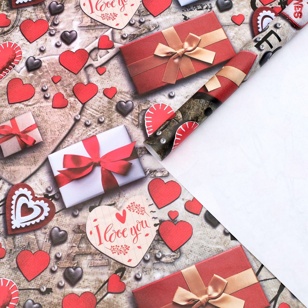 Упаковочная бумага для подарков праздничная Сердце бантик 70х100 см 1лист глянцевая  #1