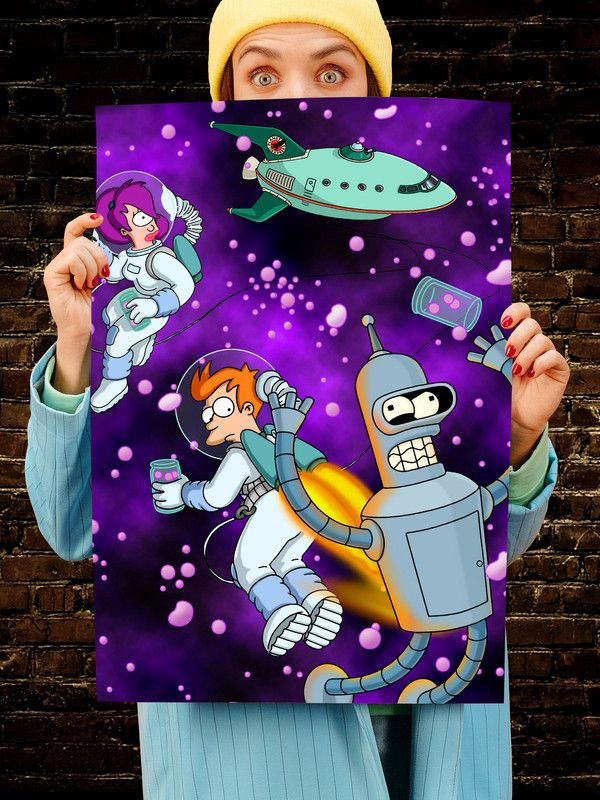 Постер интерьерный Футурама, 70х46 см. Матовый яркий. Futurama Бендер Лила Фрай  #1