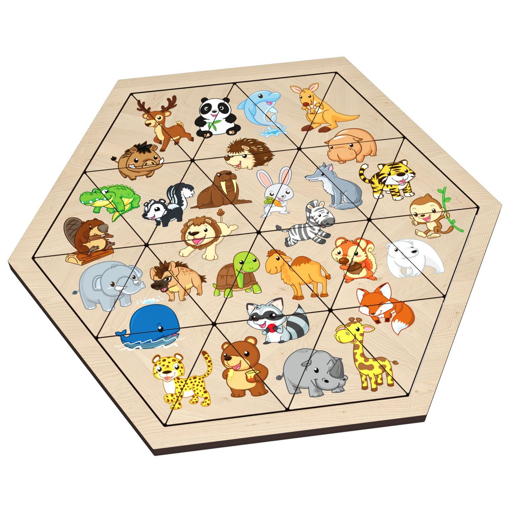 Деревянная игра головоломка для малышей "Зверюшки" Занимательные треугольники (развивающие пазлы для #1