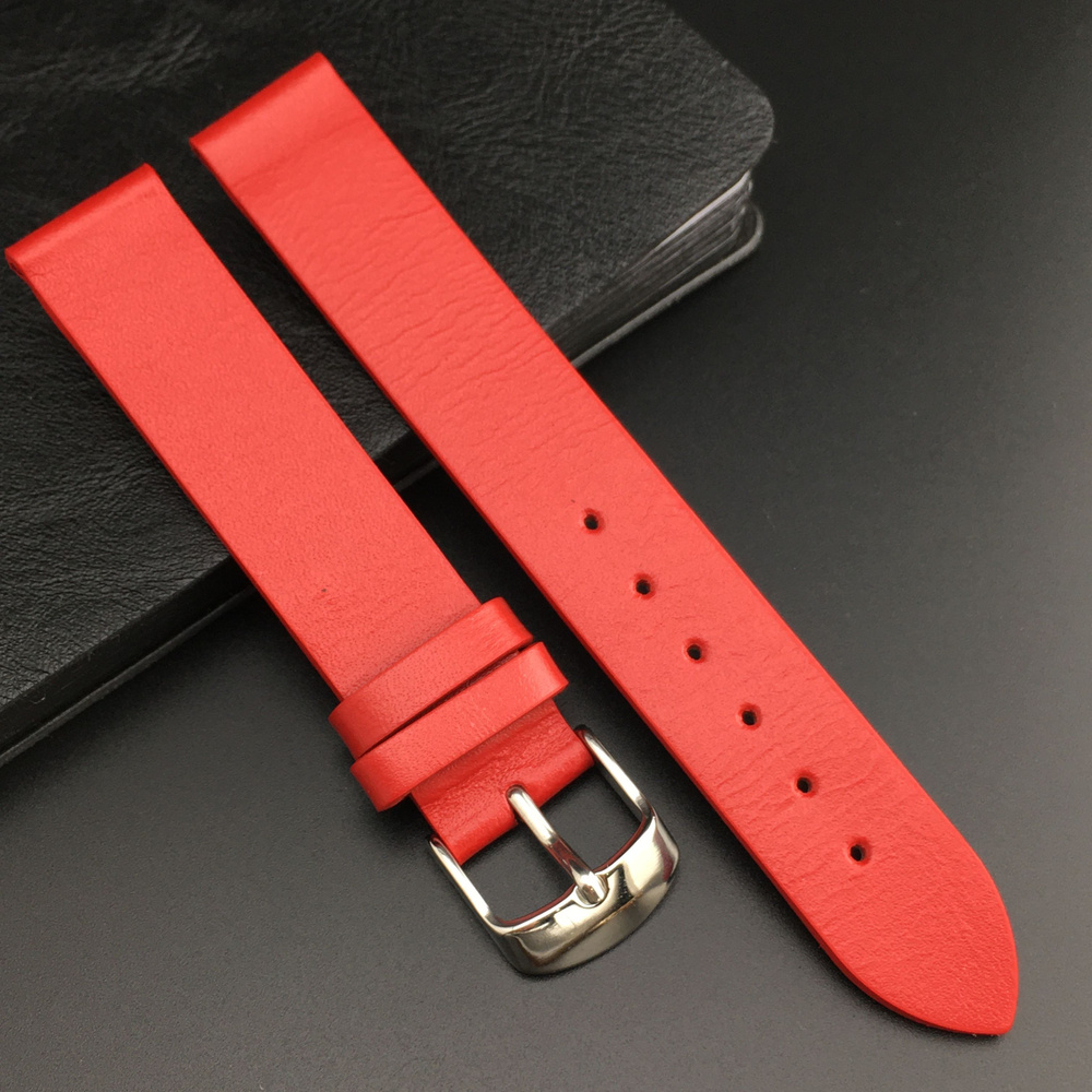 Ремешок для часов кожаный 16 мм, красный, матовый, пряжка серебристая, 1 шт  #1