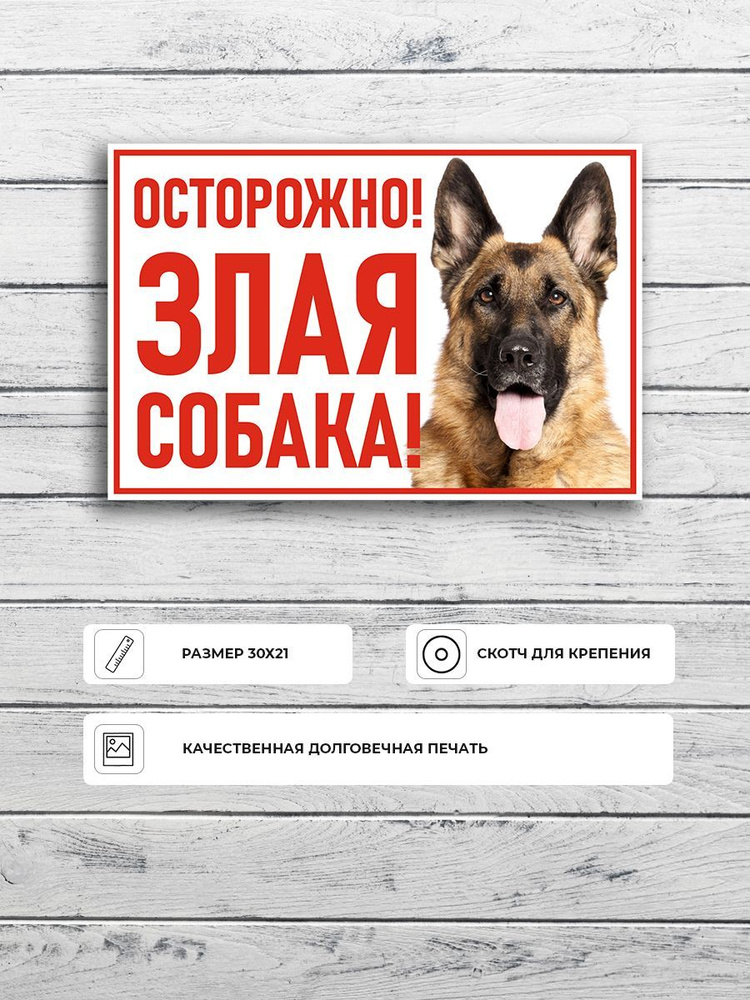 Табличка "Осторожно злая собака (Немецкая овчарка)" А4 (30х21см)  #1