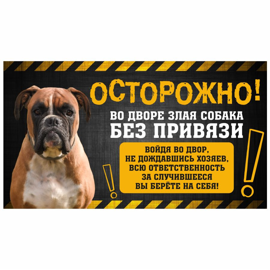 Табличка, с юмором, DANGER DOG, Осторожно! Во дворе собака без привязи, Боксер, 25x14 см  #1