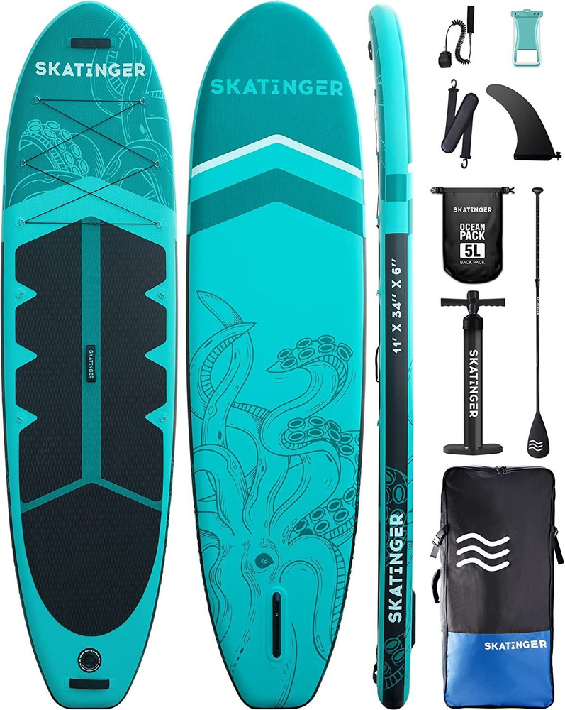 Надувная двухслойная SUP-доска SKATINGER SQUID SUP 11' 335x87x15 см, полный комплект / Сап доска для #1