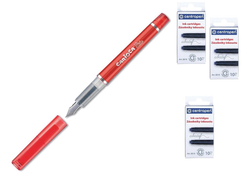 Ручка перьевая красная CARIOCA "Stilo", 3 синих картриджа в блистере с ручкой + 30 синих картриджей CENTROPEN #1