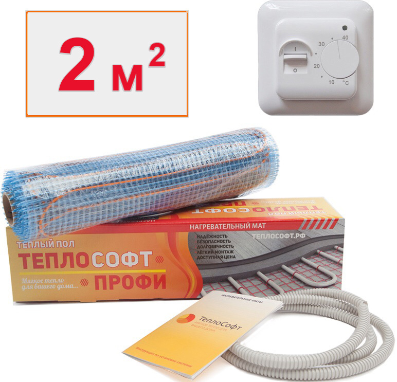 Теплый пол электрический под плитку 2 м2 с терморегулятором / Нагревательный мат Теплософт Профи 2м.кв. #1