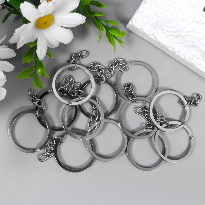 Основа для брелока кольцо плоское металл с цепочкой серебро 3,2х3,2 см набор 12 шт  #1