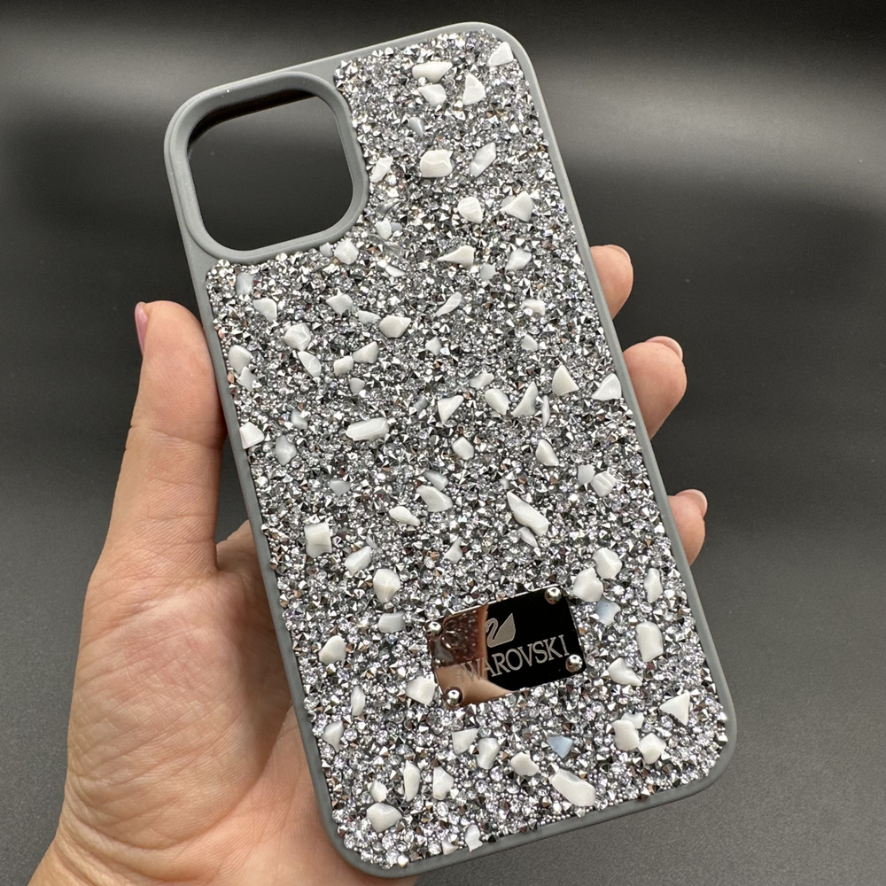 Чехол для телефона SWAROVSKI iphone 13/14 силикон и камни Серый с белыми  камнями - купить с доставкой по выгодным ценам в интернет-магазине OZON  (991302306)