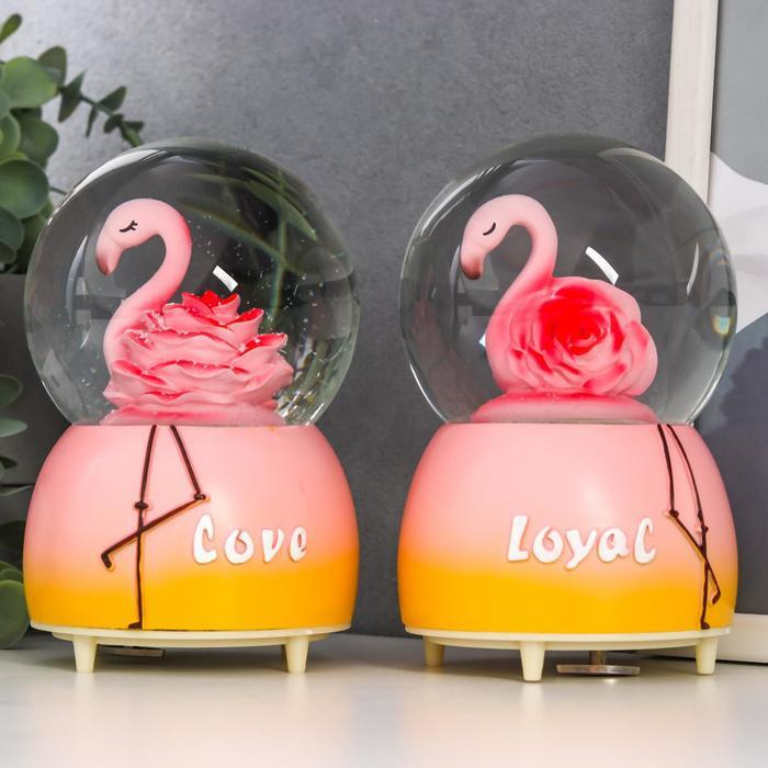 Сувенир полистоун водяной шар музыка "Фламинго-цветок" крутится диаметр 10 см разноцветный 15,5х10х10 #1