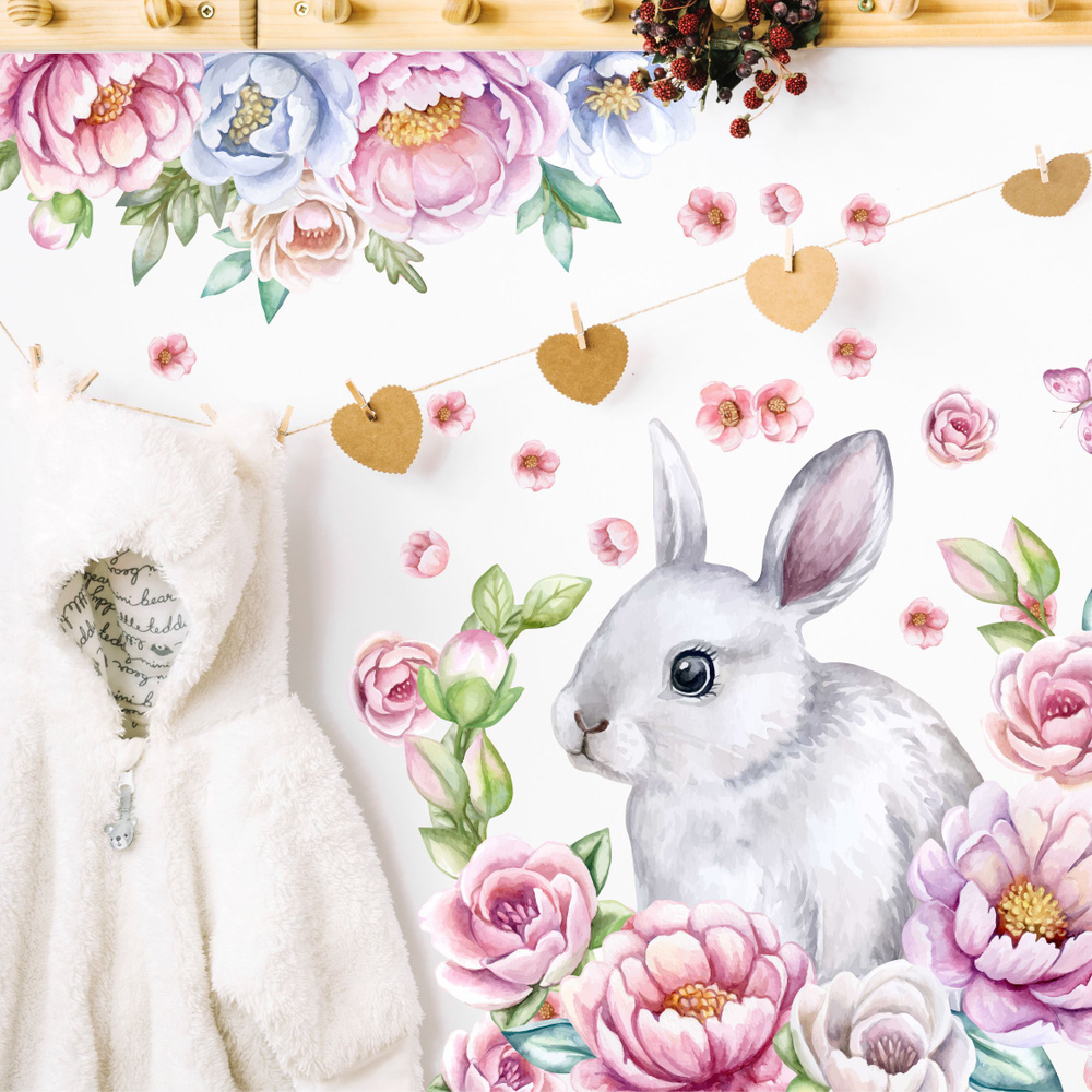 Наклейки на стену для декора животные кролик в цветах 102x55 см  #1