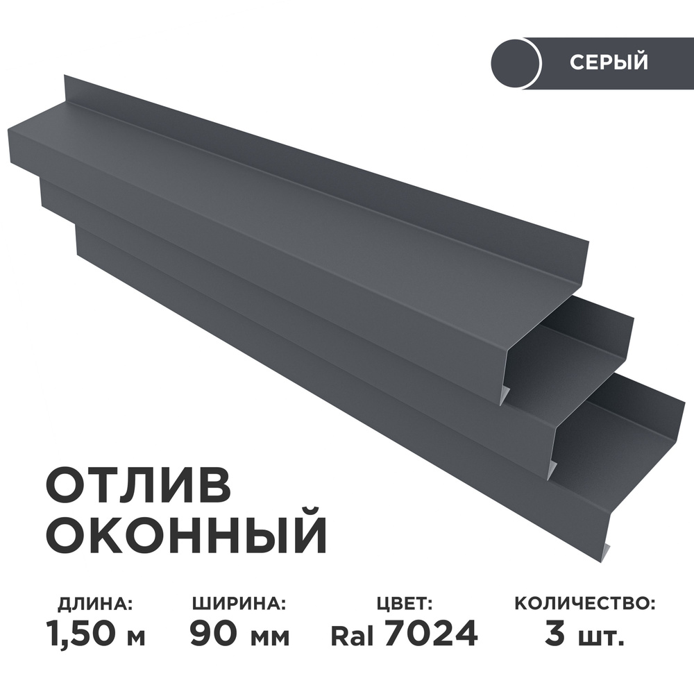 Отлив оконный ширина полки 90мм/ отлив для окна / цвет серый(RAL 7024) Длина 1,5м, 3 штуки в комплекте #1