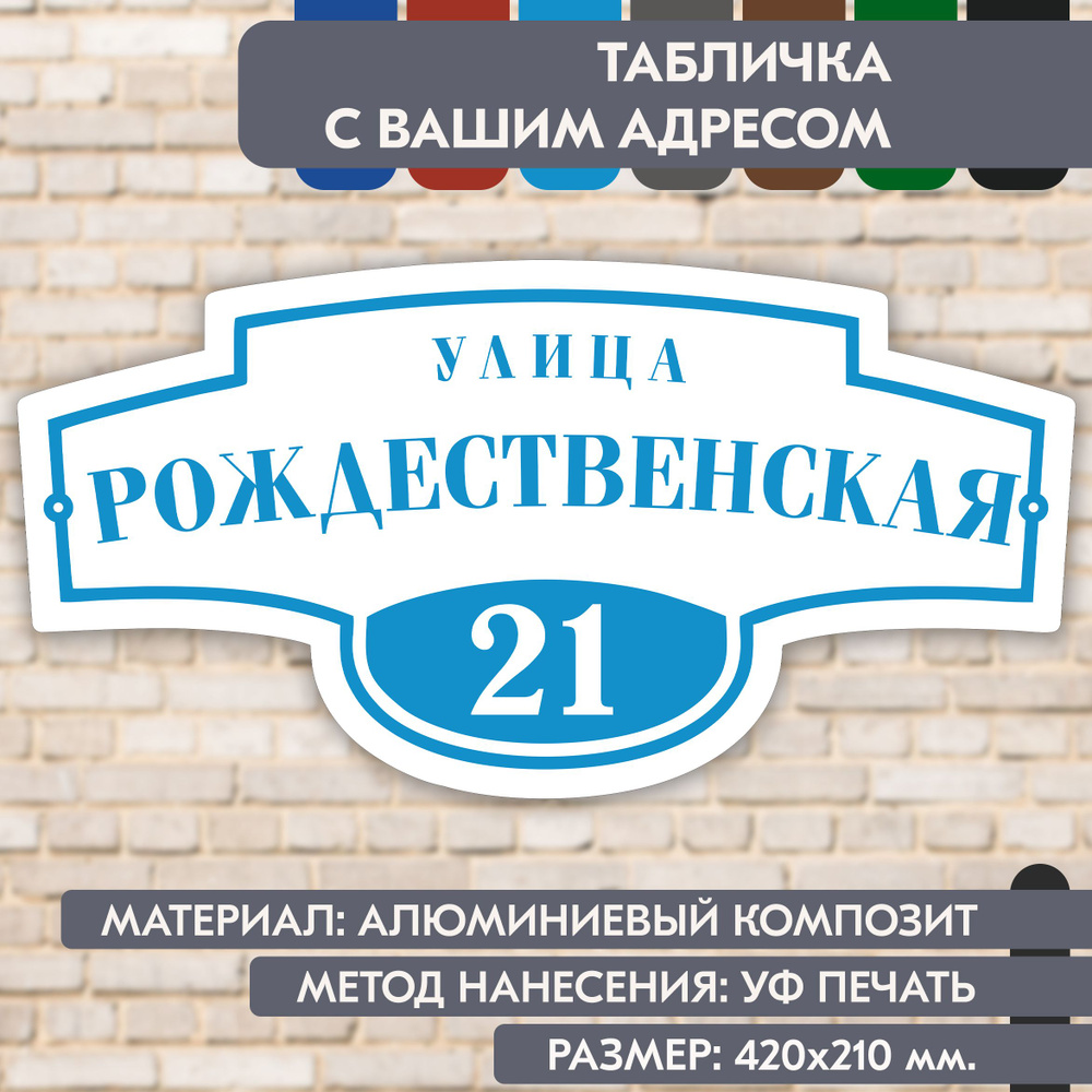 Адресная табличка на дом "Домовой знак" бело-голубая, 420х210 мм., из алюминиевого композита, УФ печать #1