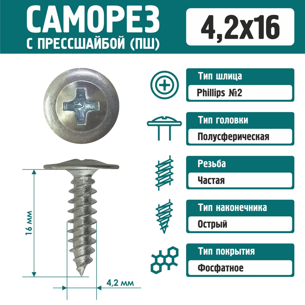 Саморез Rizzel с пресшайбой острый 4,2х16 цинк (1000 шт) #1