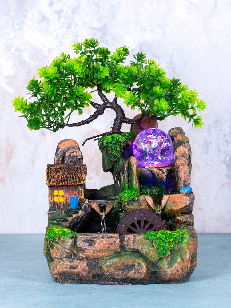 Декоративный настольный фонтан с подсветкой "Хижина у реки"  #1