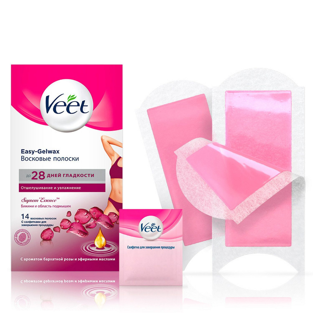 Veet Восковые полоски для линии бикини и области подмышек, бархатная роза и  эфирные масла, 14шт. полосок для депиляции = 7шт. сдвоенных полосок -  купить с доставкой по выгодным ценам в интернет-магазине OZON (141698555)