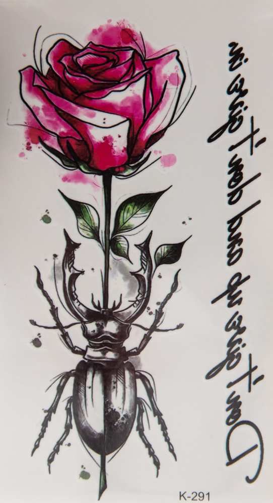 Временная татуировка ,Татуха-муха , Жук с розой , 6х11 см #1