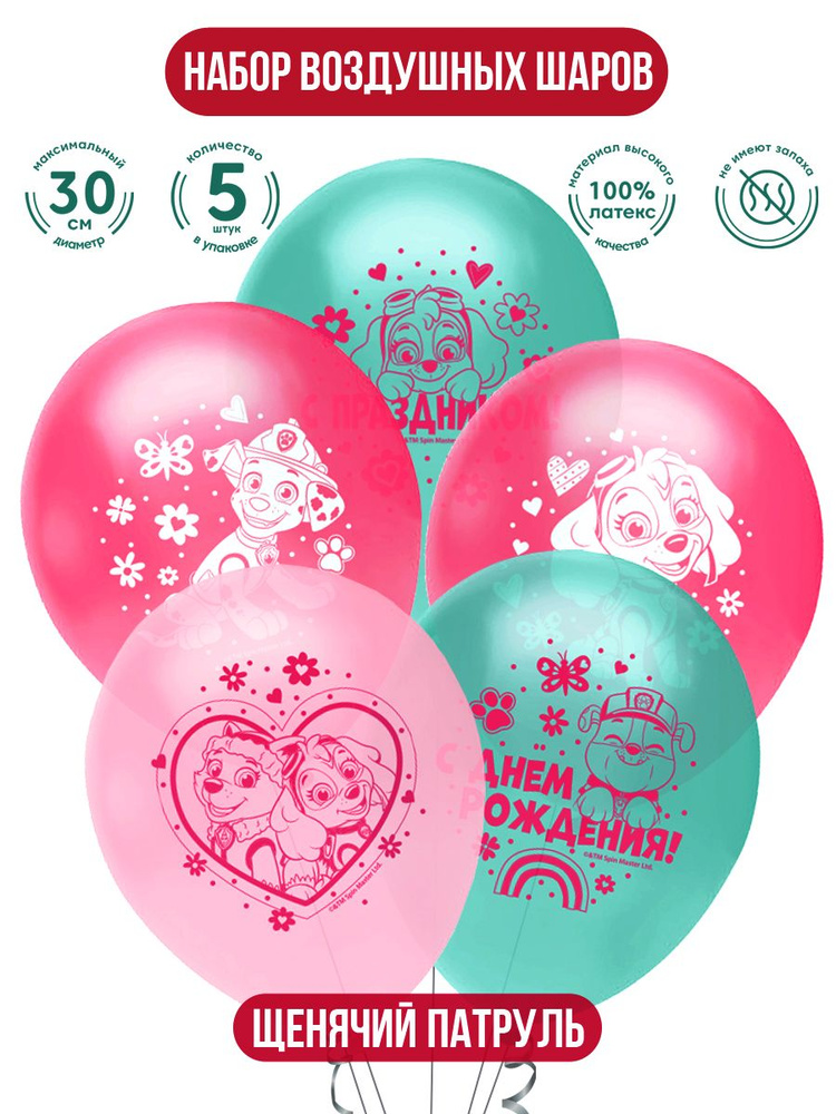 Набор воздушных шаров для праздника ND Play / Щенячий патруль, для девочек (30 см, латекс, 5 шт.), 300729 #1
