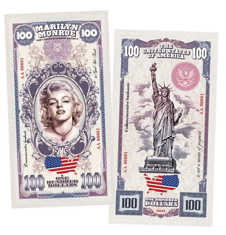 100 долларов (Dollars) США. Мэрилин Монро(Marilyn Monroe). Памятная банкнота.  #1