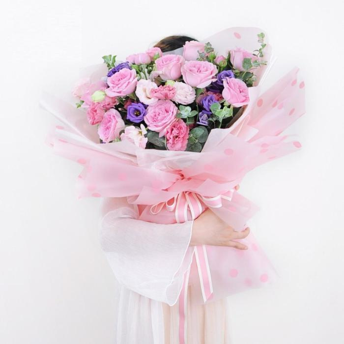 Пленка матовая для упаковки цветов, подарков "Горох" 58х58 - 5 шт. розовый  #1
