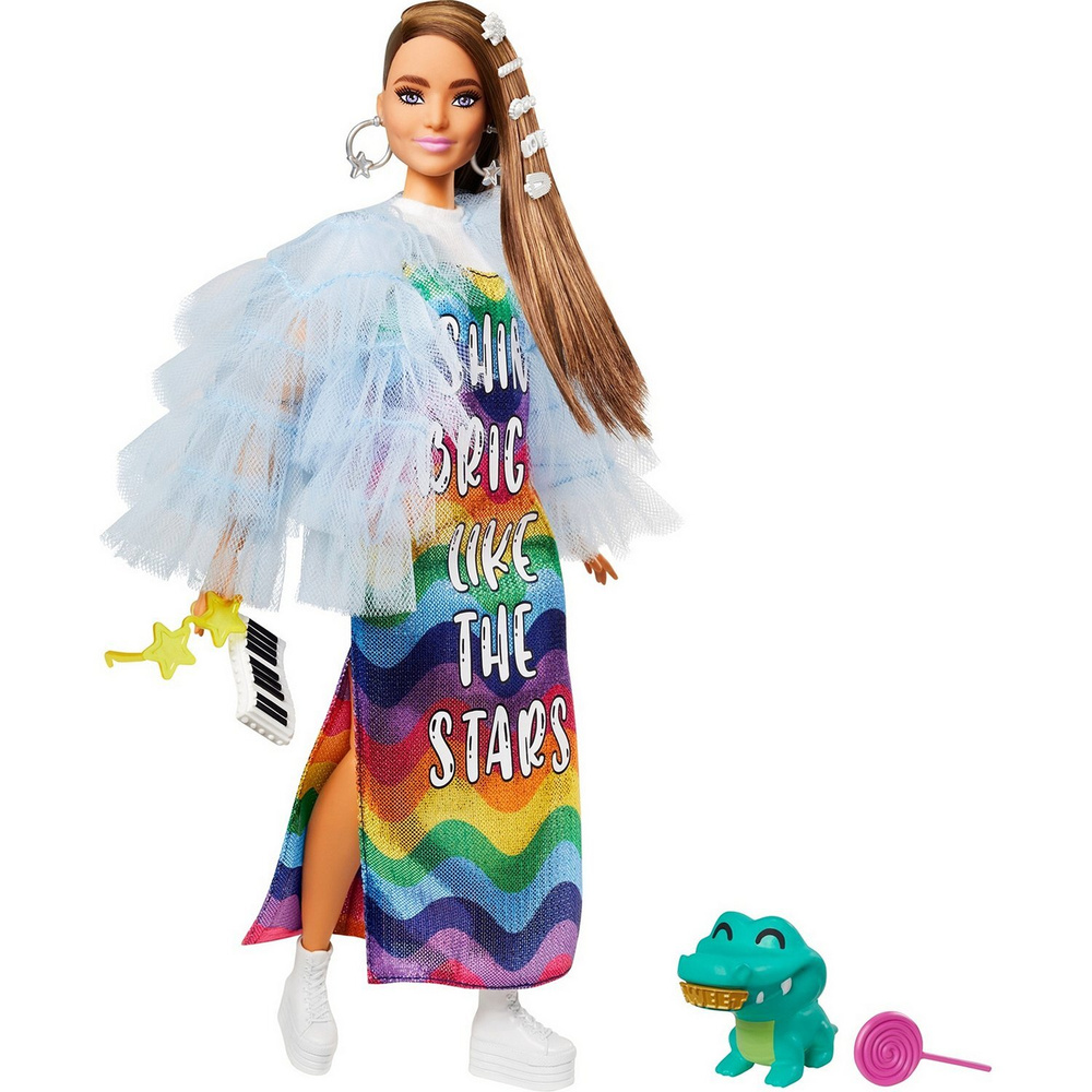 Кукла Barbie Extra Барби Экстра в радужном платье GYJ78/ Barbie extra с крокодилом  #1