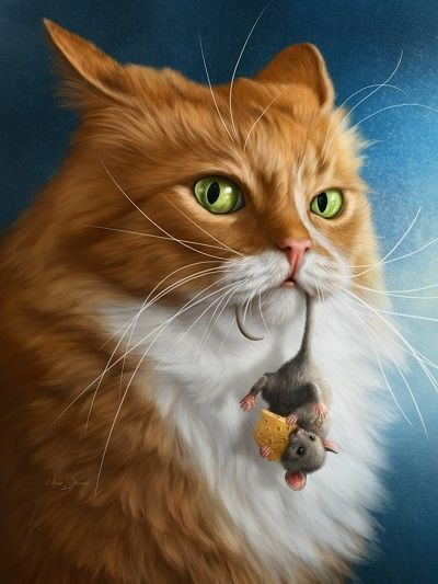 Картина по номерам на холсте с подрамником. 40x50: Paintboy - кошки. Рыжий кот поймал мышку  #1