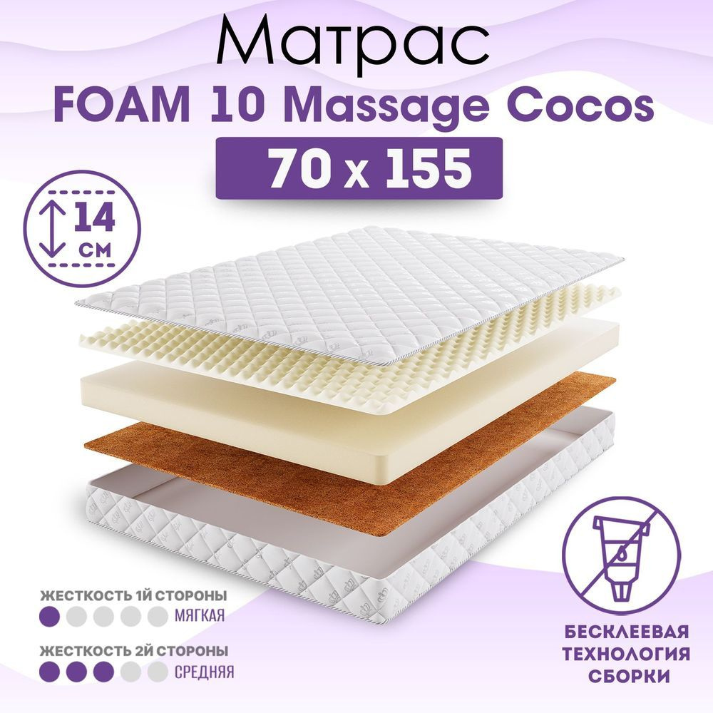 BeautySon Матрас в кроватку Roll Foam 10 Massage Cocos, Беспружинный, 70х155 см  #1