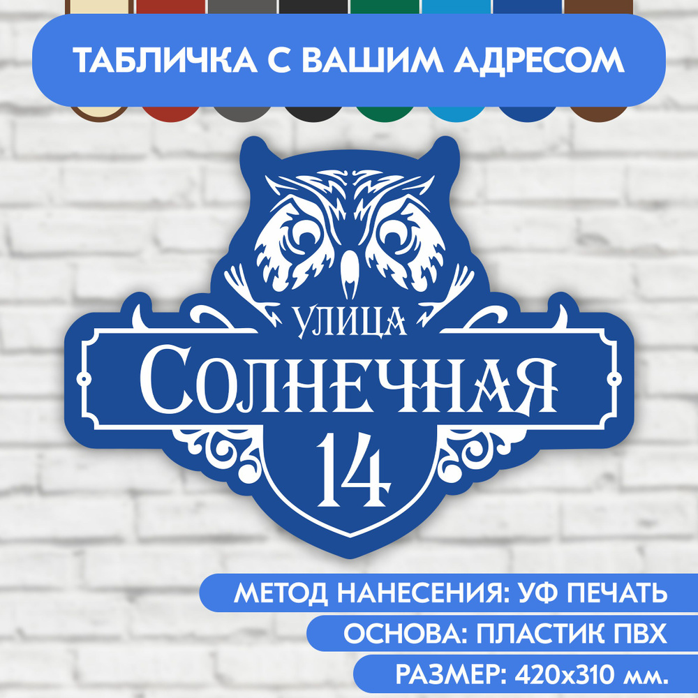 Адресная табличка на дом 420х310 мм. "Домовой знак Сова", синяя, из пластика, УФ печать не выгорает  #1