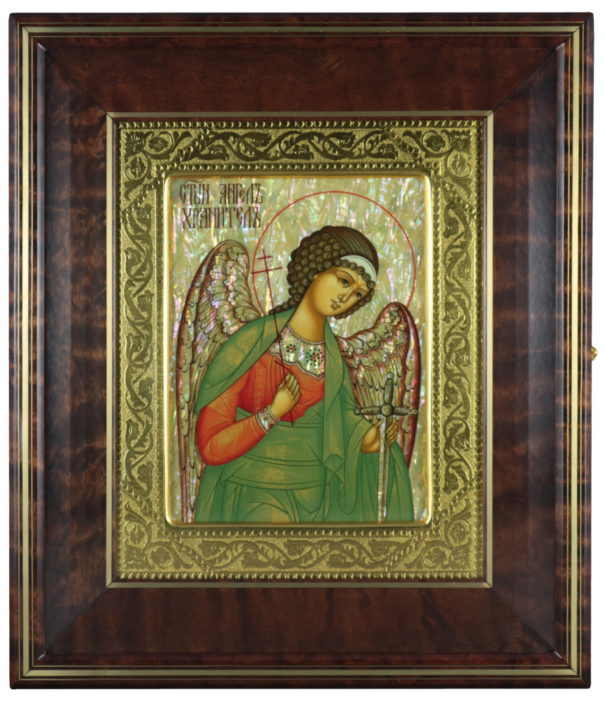 Рукописная икона на перламутре "Ангел Хранитель" в раме и киоте, 29*33,5 см  #1