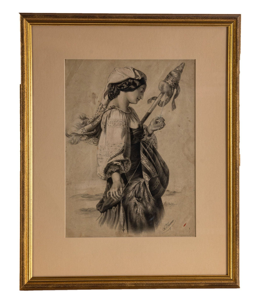 Литография Итальянка с прялкой и колосьями в паспарту и застеклённой раме, художник Скино Александр Трофимович, #1