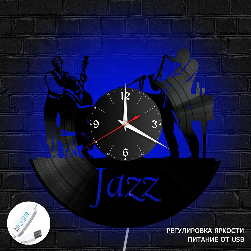 Настенные часы RedLaser "Музыка (Джаз) из винила с синей подсветкой, №16", 30 см  #1