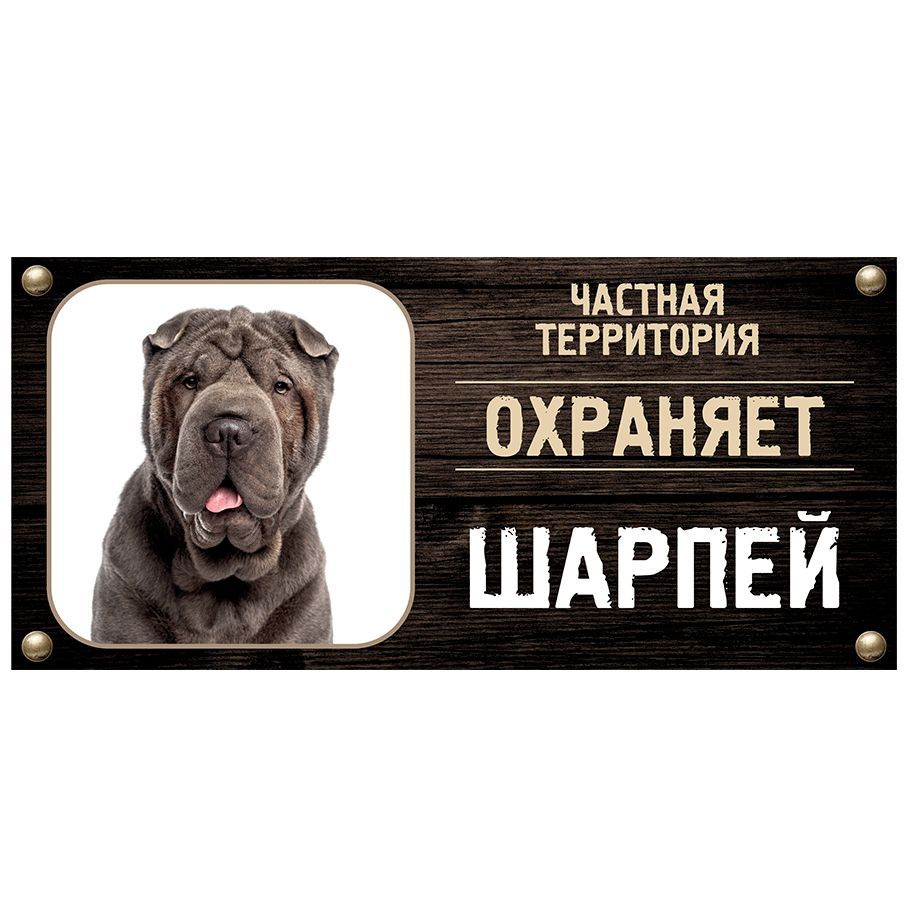Табличка, Злая собака, Территорию охраняет Шарпей, на металлической основе, 30см х 14 см, на забор, на #1