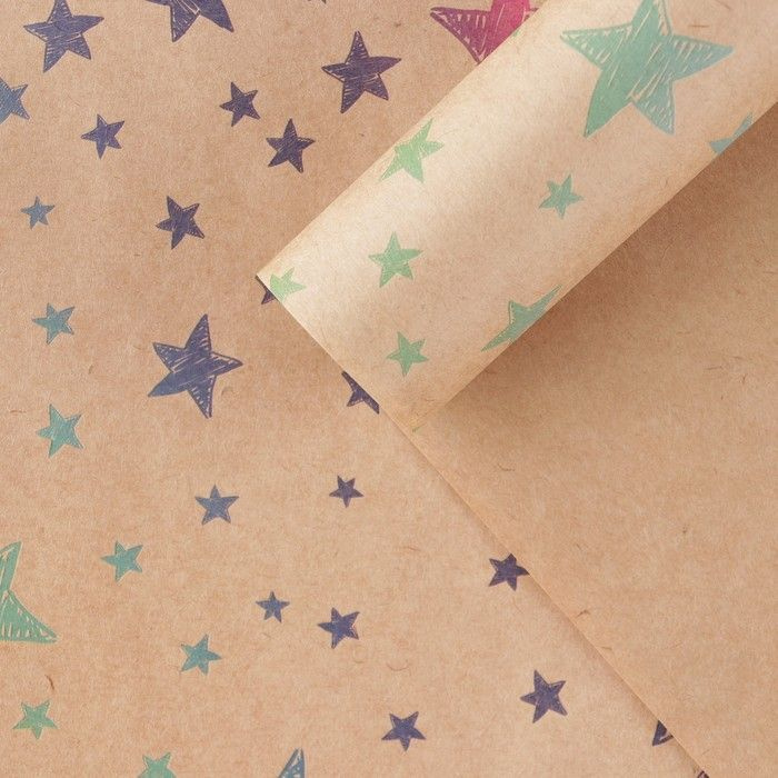 Упаковочная бумага для подарков крафт Яркие звезды 2 листа 50х70см, подарочная упаковка в набор входит #1