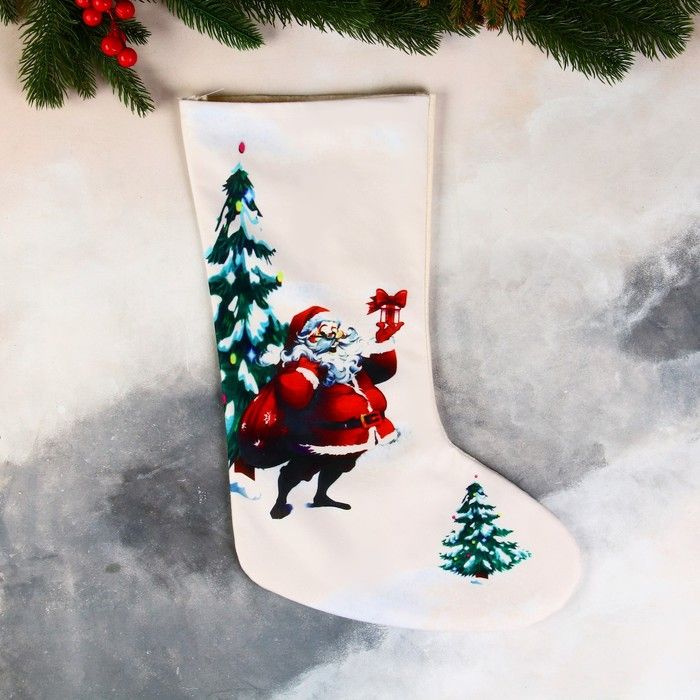 Носок для подарков "Дед Мороз с подарками, в лесу" 26х40 см, белый  #1