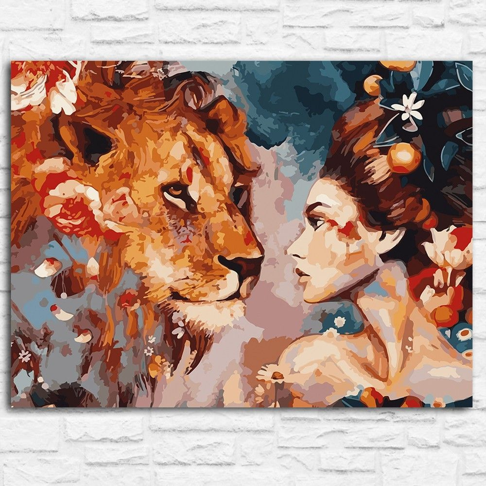 Картина по номерам на холсте девушка и лев (природа, животные, любовь) - 12630 Г 30x40  #1