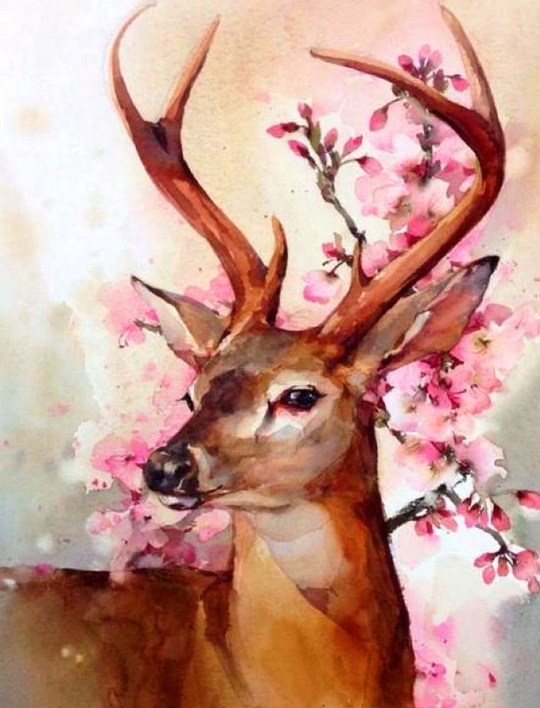 Картина по номерам на холсте 40х50 40 x 50 на подрамнике "Олень среди цветов сакуры" DVEKARTINKI  #1