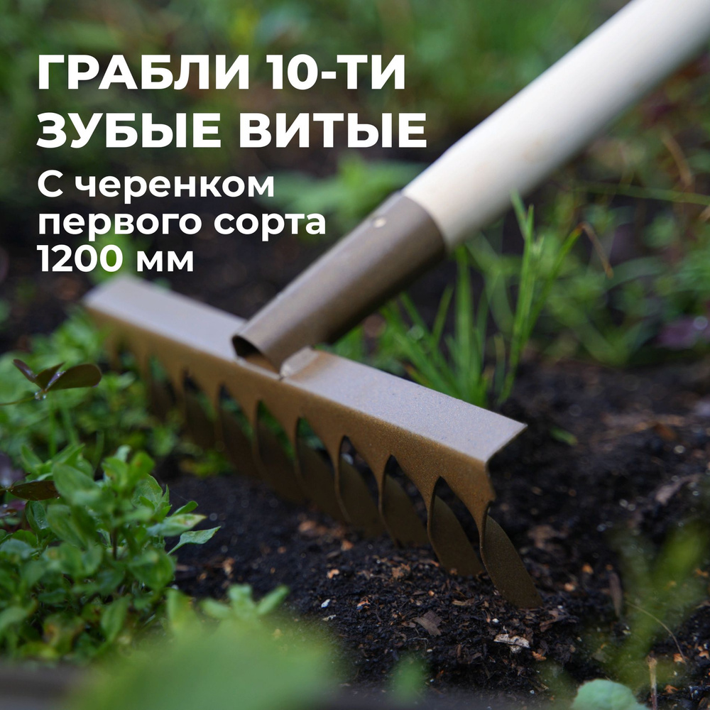 Грабли садовые 10-ти зубые витые с черенком первого сорта 1200 мм  #1