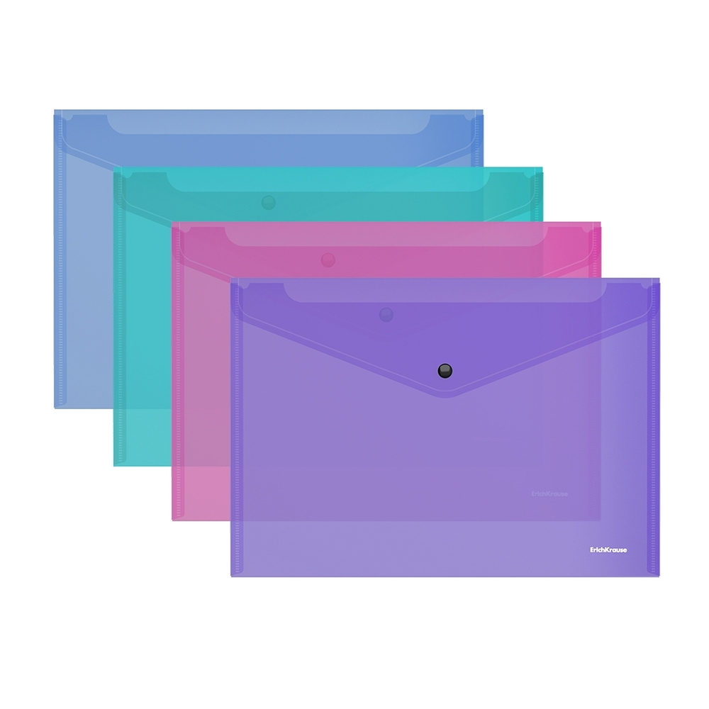 Папка-конверт на кнопке пластиковая ErichKrause Glossy Vivid, полупрозрачная, A4, ассорти (в пакете по #1