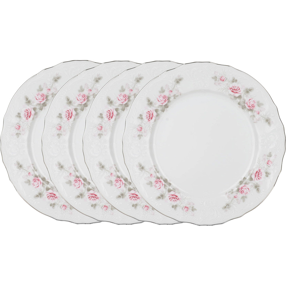 Набор тарелок десертных обеденных 21 см на 4 персоны Бернадотт Бледные розы платина, фарфор, мелкие белые, #1