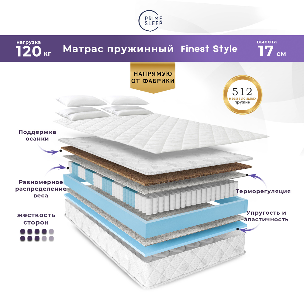 PRIME SLEEP Матрас Finest Style, Независимые пружины, 150х195 см #1