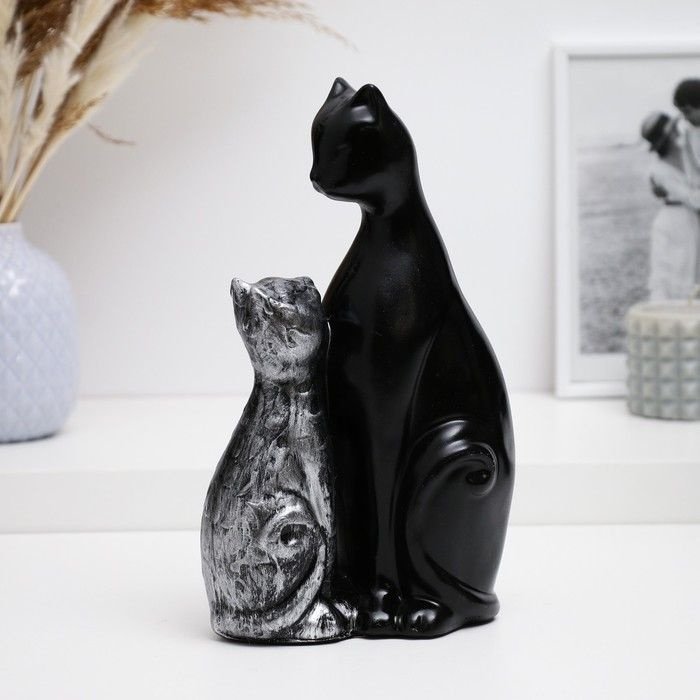 Фигура "Кошка с котенком" черная с серебром, 16х26см #1