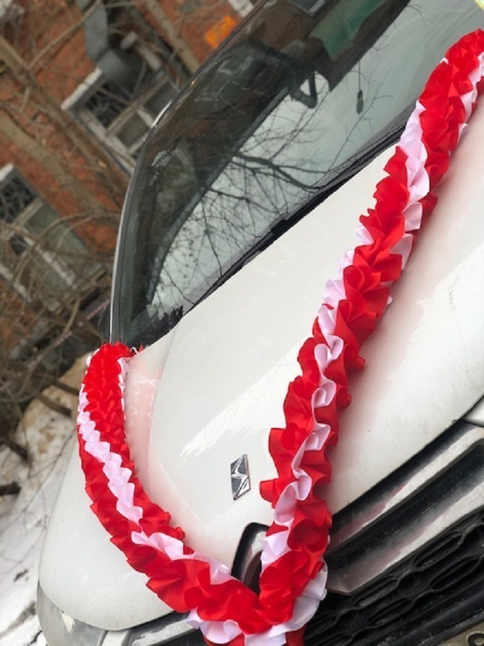 Свадебная лента для авто "Рюшь объемная", красно-белая,атлас  #1