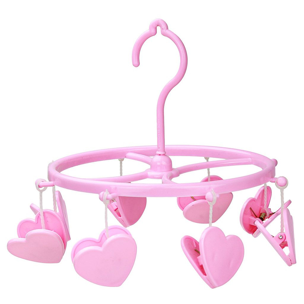 Вешалка-сушилка пластмассовая с прищепками 8 штук д17,3см подвесная складная Карусель сердечки розовые #1