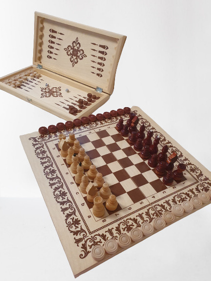 Шахматы шашки нарды карты Набор игр 4 в 1 доска деревянная 40 см  #1