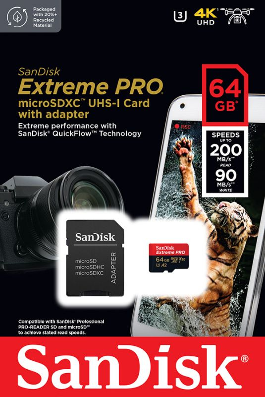 Карта памяти micro SDXC 64Gb Sandisk Extreme Pro UHS-I U3 V30 A2 + ADP (200/90 MB/s) #1