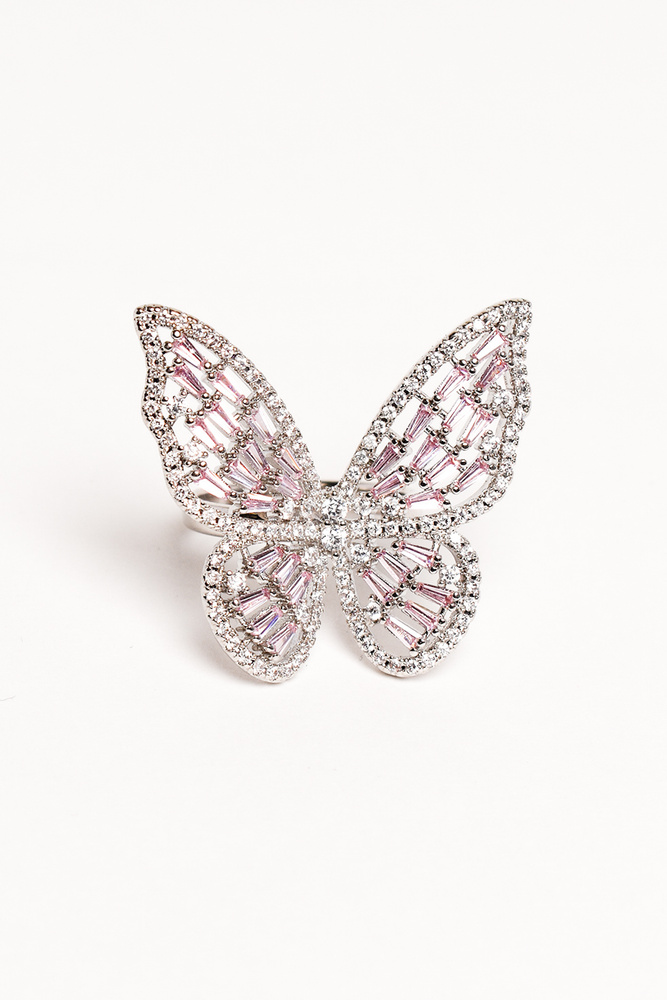 Кольцо-бабочка серебристое с розовыми цирконами #1