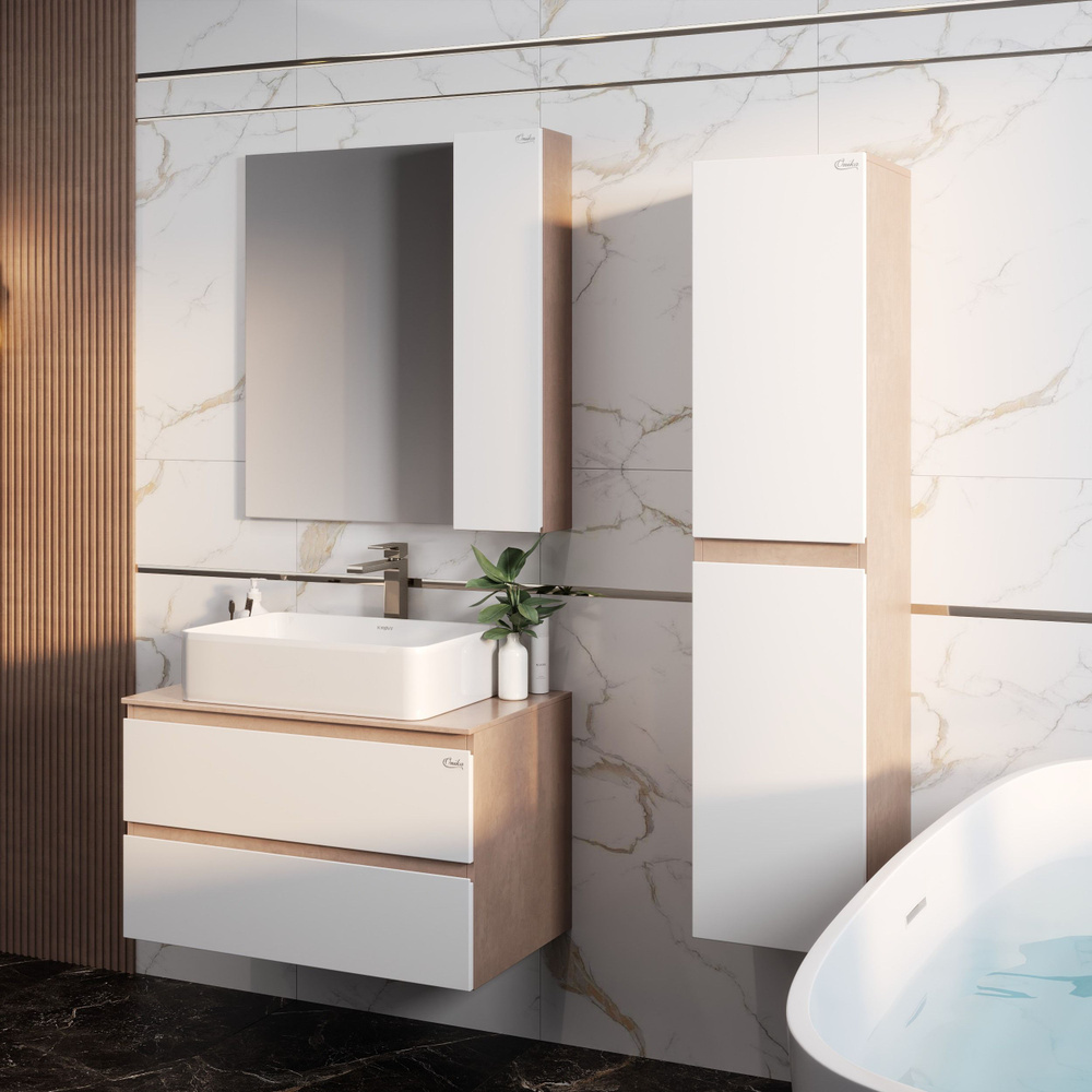 Пенал для ванной комнаты Onika Алеста 35 подвесной, белый/камень светлый, универсальный / 35x332x142 #1